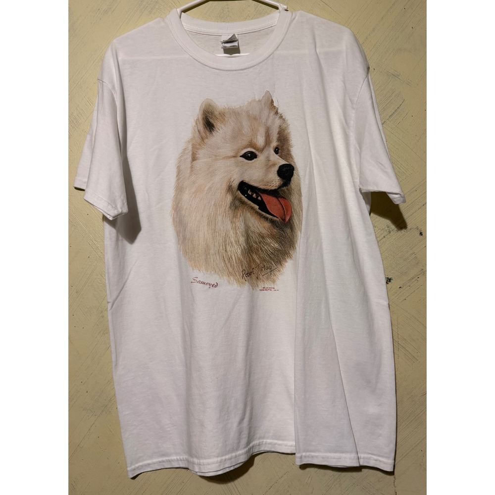 VTG 90s  Robert J May Samoyed Dog Portrait White T-Shirt Short Sleeve Large Tee
